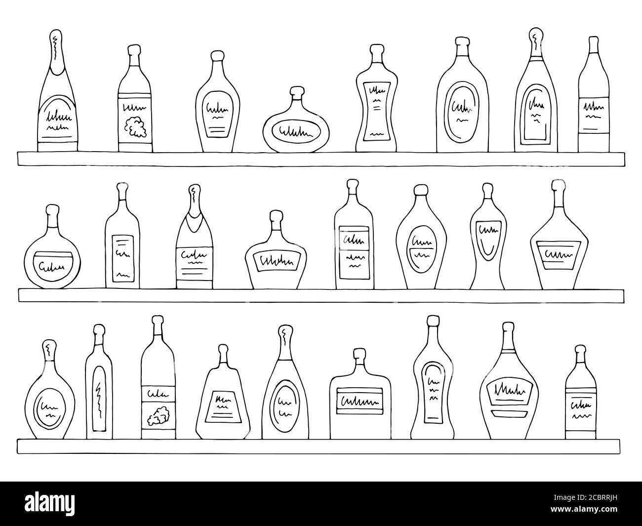 Scaffali Set grafico bottiglie isolate bianco nero illustrazione dello schizzo della barra vettore Illustrazione Vettoriale