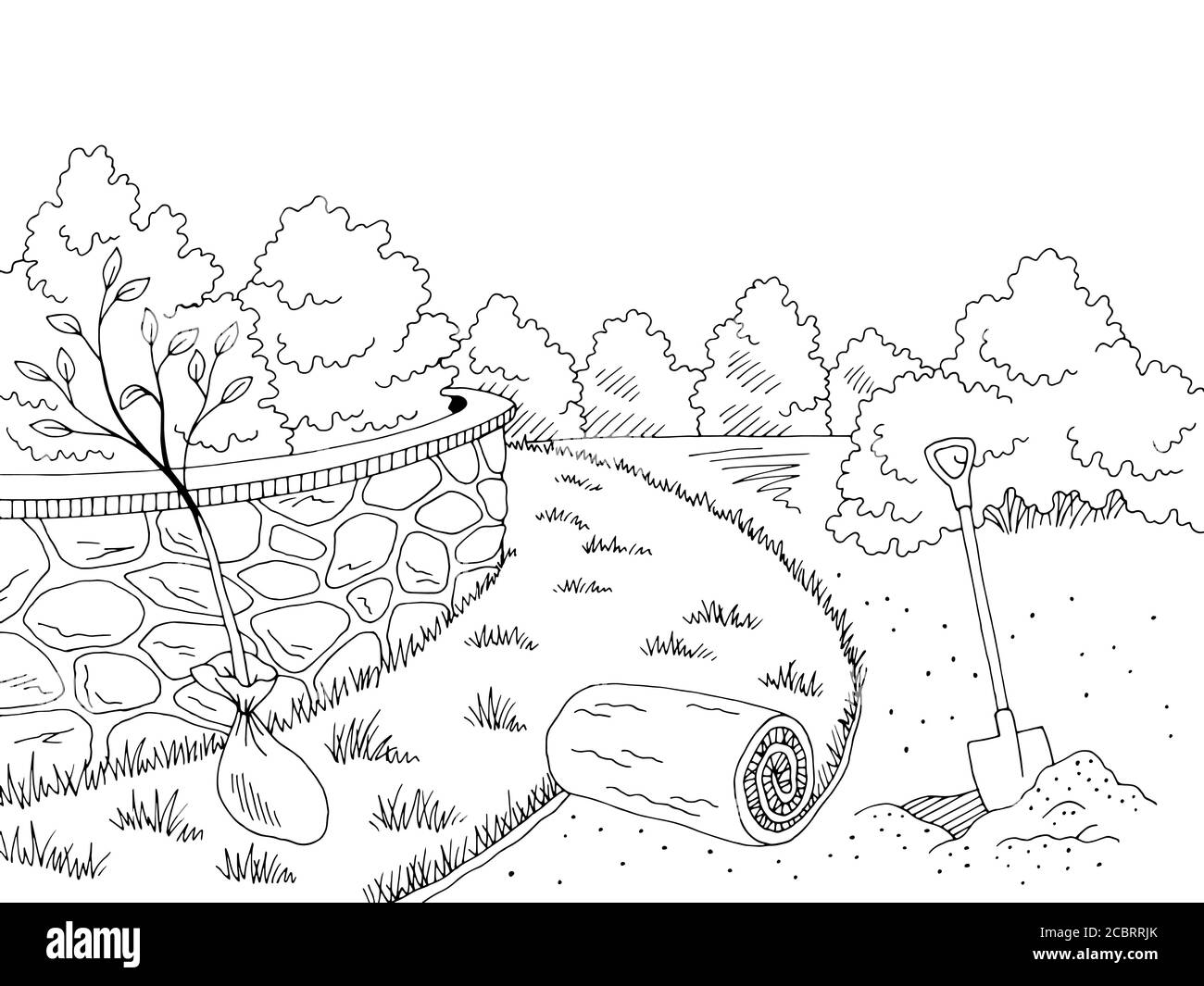 Disegno di disegno di disegno di disegno di paesaggio di bianco nero di costruzione di giardino vettore Illustrazione Vettoriale