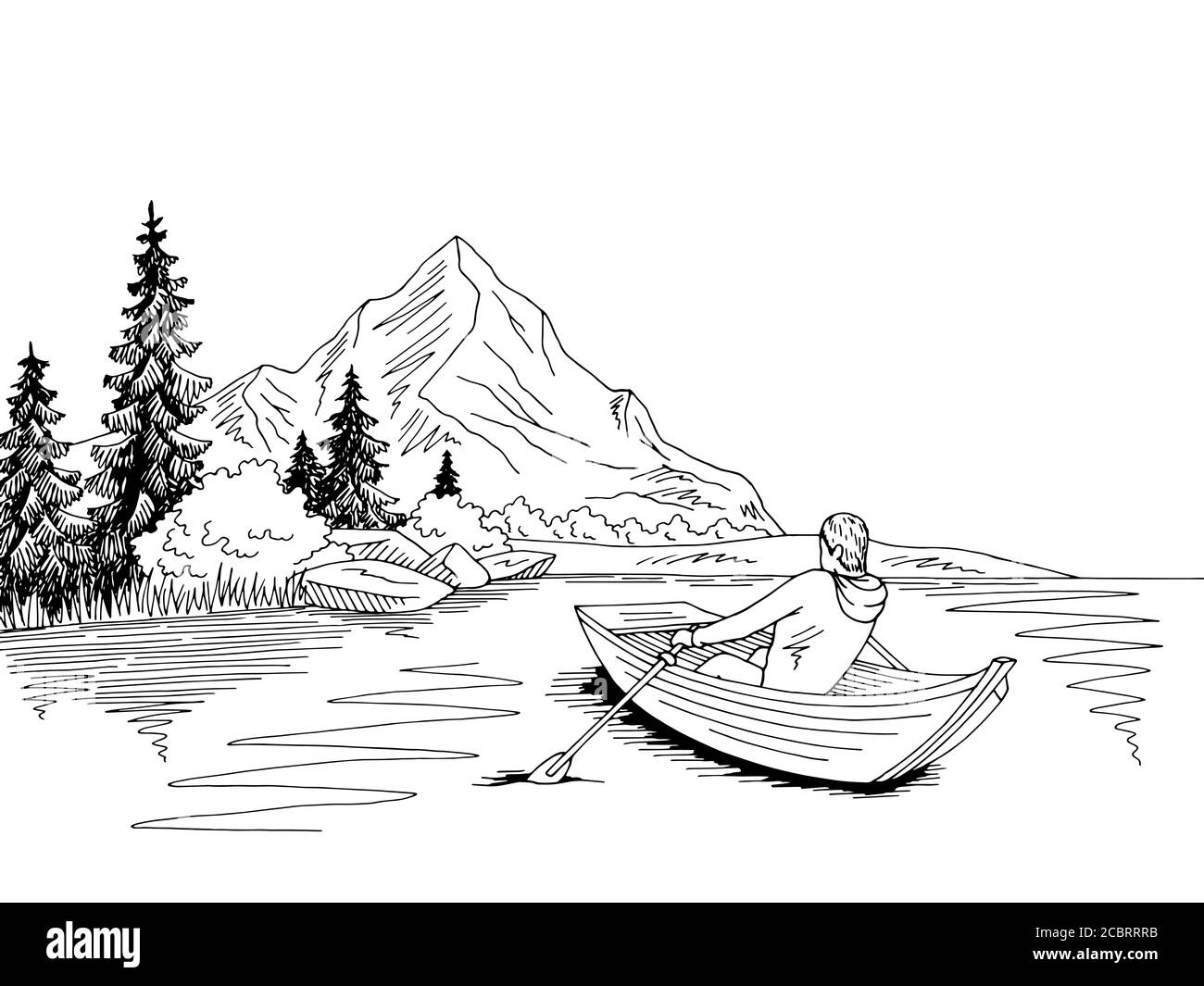 Uomo canottaggio in una barca lago di montagna grafica bianco nero vettore di illustrazione dello schizzo orizzontale Illustrazione Vettoriale