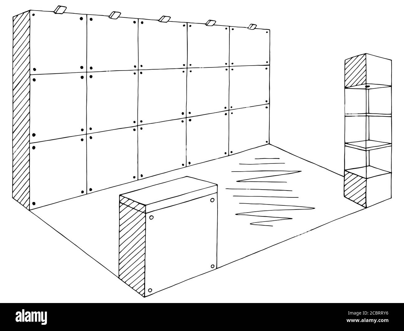 Mostra stand grafico interno nero bianco illustrazione schizzo vettore Illustrazione Vettoriale