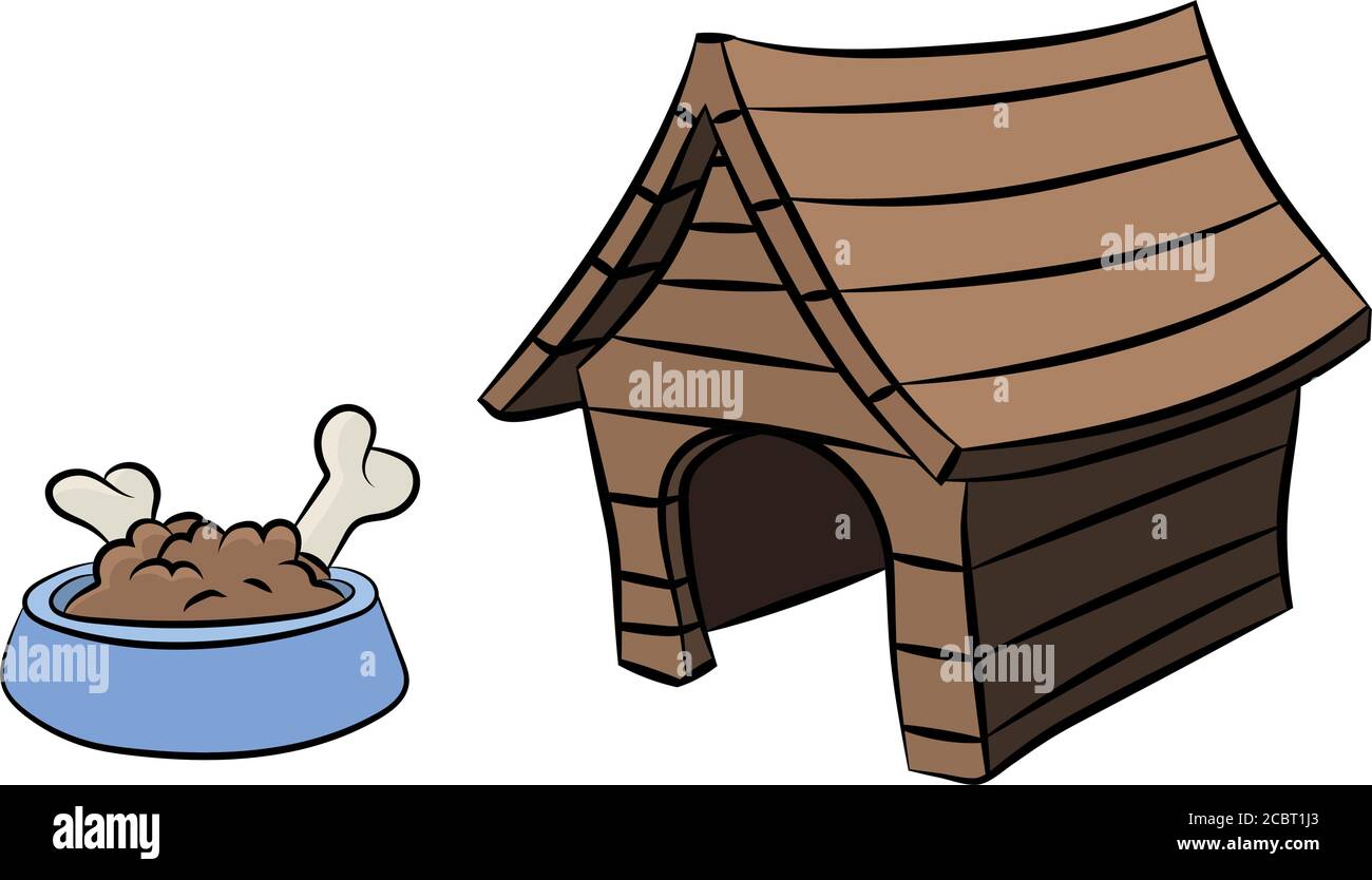 Casa del cane Cartoon e una ciotola piena di cibo per cani e ossa Illustrazione Vettoriale
