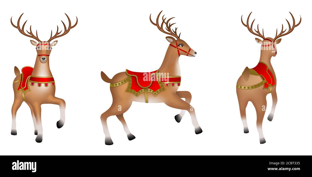Illustrazione isolata dei cervi. Vettore di renna di Natale. Vista laterale, anteriore e posteriore Foto Stock