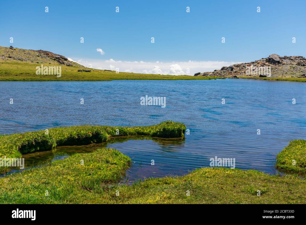 Laguna circondata da erba nelle alture della Sierra Nevada, Granada. Foto Stock