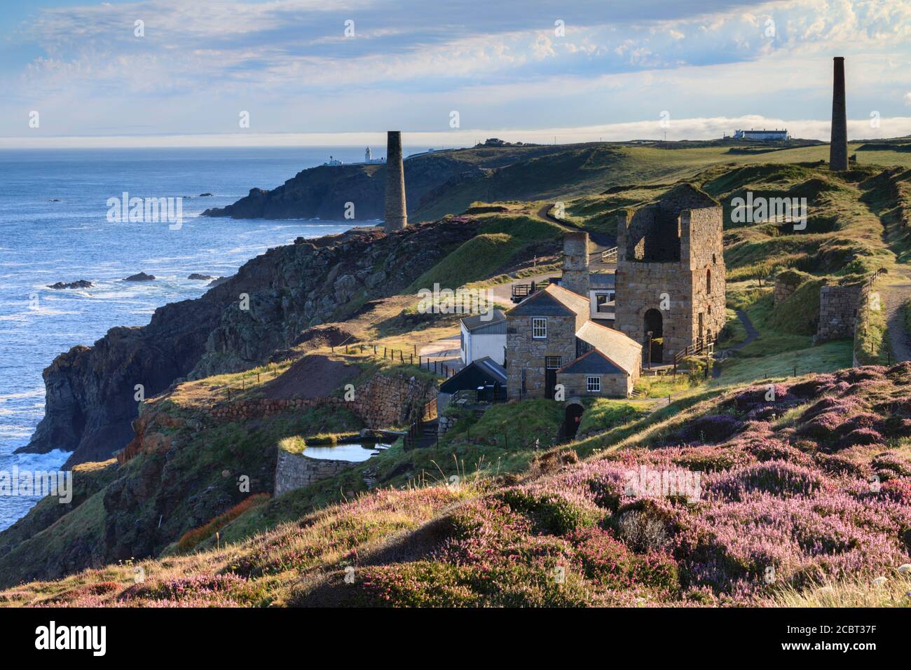 Levant Mine in Cornovaglia catturato una mattina all'inizio di agosto, quando l'erica era in fiore. Foto Stock