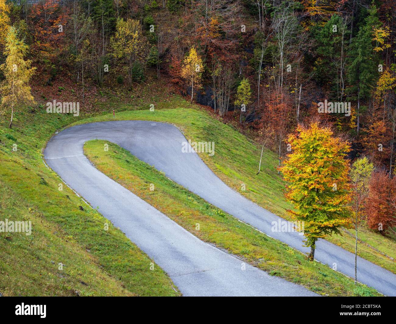Vista sulla strada alpina autunnale, sovrastato, nebbia e giorno di pioggia. Foto Stock