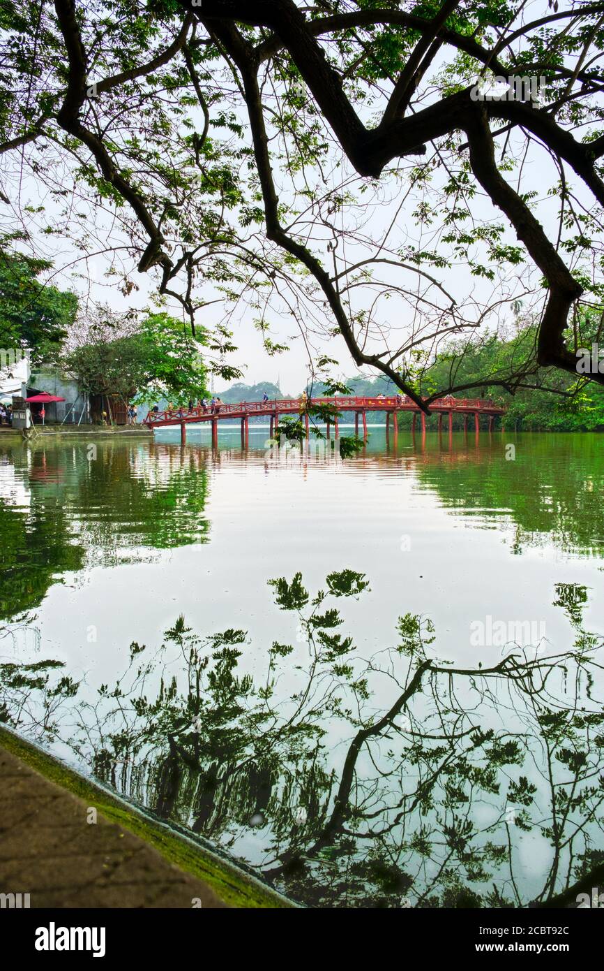 Lago Hoan Kiem, distretto di Hanoi Ba Dinh, Vietnam. Riflessione di alberi e foglie in acqua. Atmosfera rilassante. Foto Stock