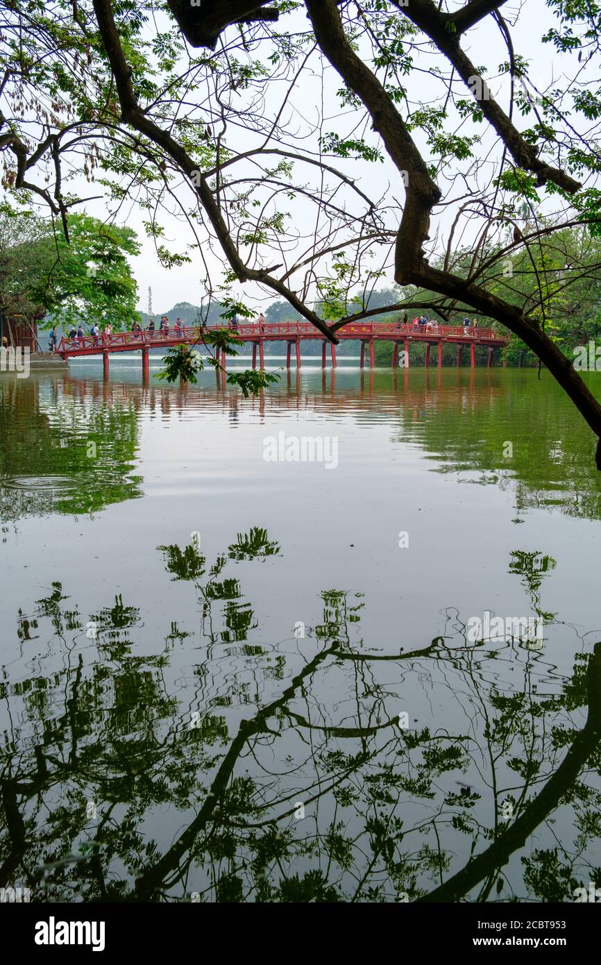 Lago Hoan Kiem, distretto di Hanoi Ba Dinh, Vietnam. Riflessione di alberi e foglie in acqua. Atmosfera rilassante. Foto Stock