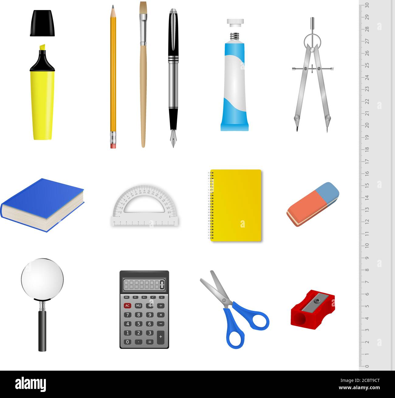 Set di cancelleria per la scuola. Raccolta di materiali realistici per la scuola e l'ufficio Illustrazione Vettoriale