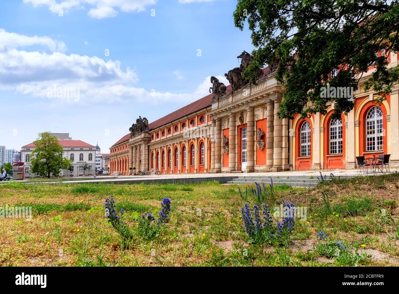 Museo del cinema con erba e fiori in primo piano a Potsdam, Germania Foto Stock