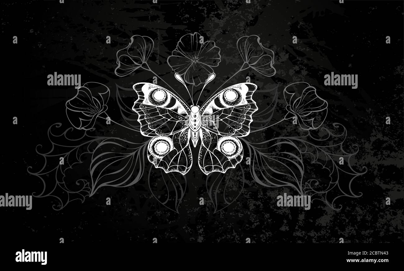 Bianco, contorno pavone farfalla con piante selvatiche silhouette fiori su sfondo nero testurizzato. Illustrazione Vettoriale