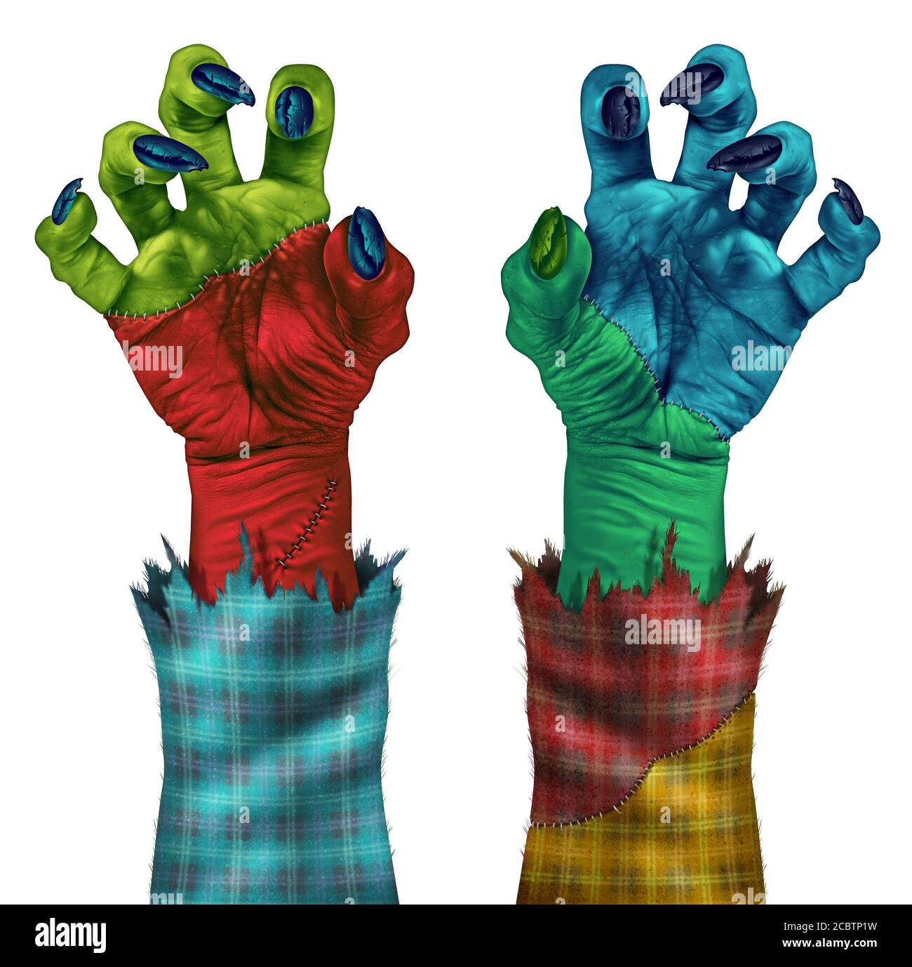 Le mani creepy di Zombie che raggiungono per afferrare come una mano del mostro verde come umana con le unghie affilate e le maglie che rappresentano il creep di Halloween. Foto Stock