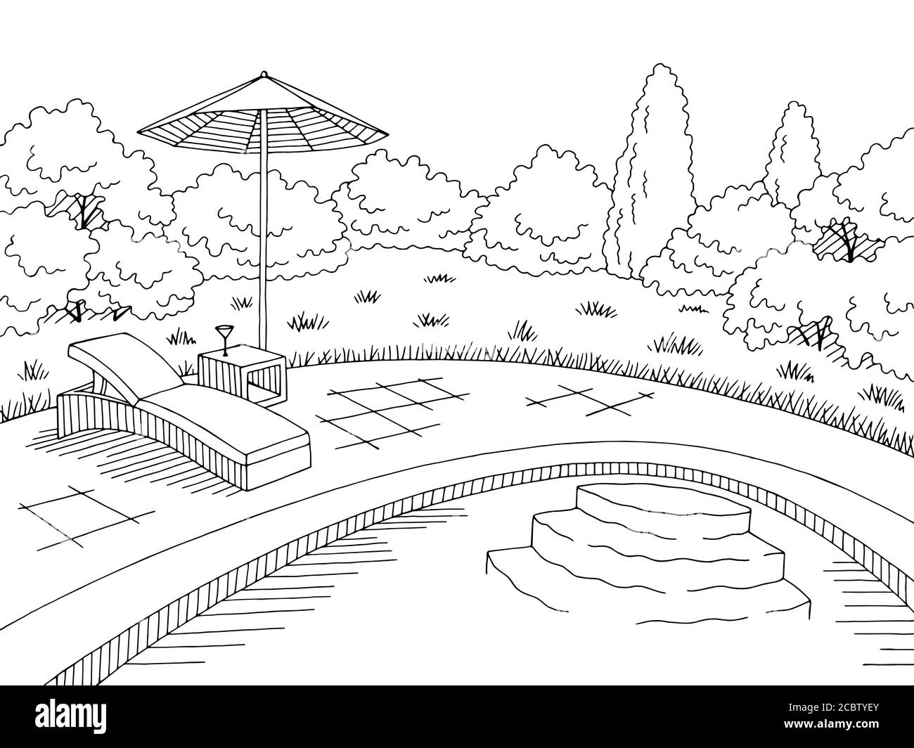Grafica piscina bianco nero disegno grafico paesaggio vettore illustrazione Illustrazione Vettoriale