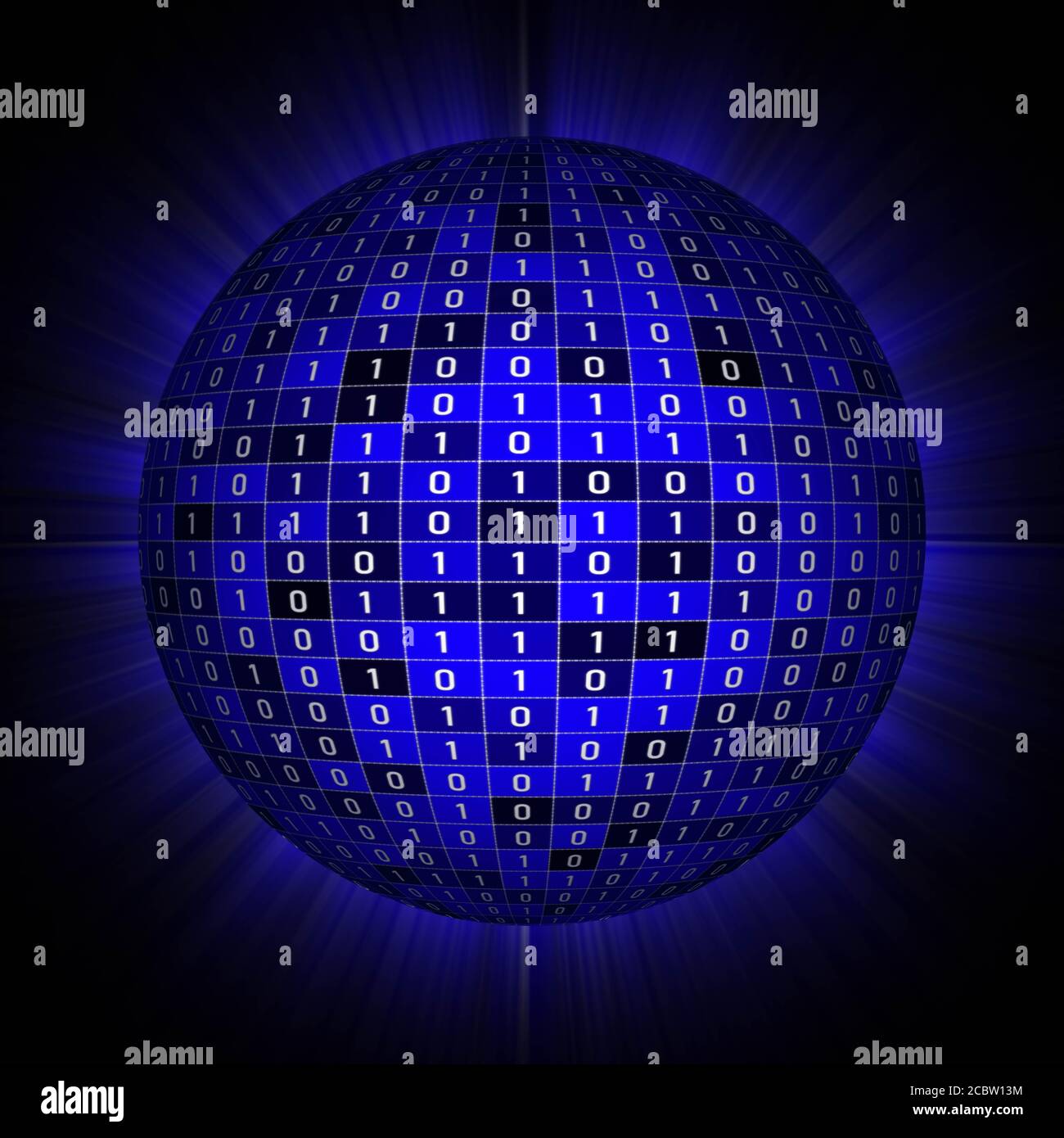 Sfera o sfera incandescente con numeri binari casuali - composti Di diversi elementi blu su sfondo nero - illustrazione 3D Foto Stock