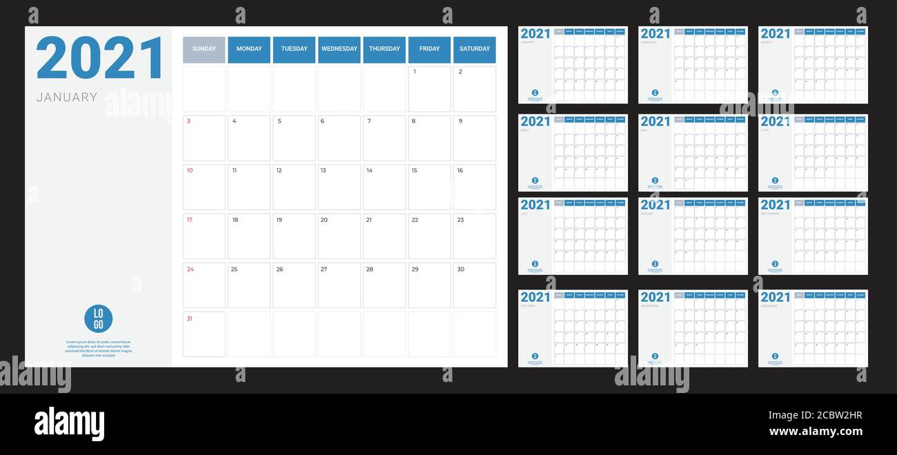 Calendario 2021 - illustrazione. Modello. La settimana del simulacro inizia domenica Illustrazione Vettoriale