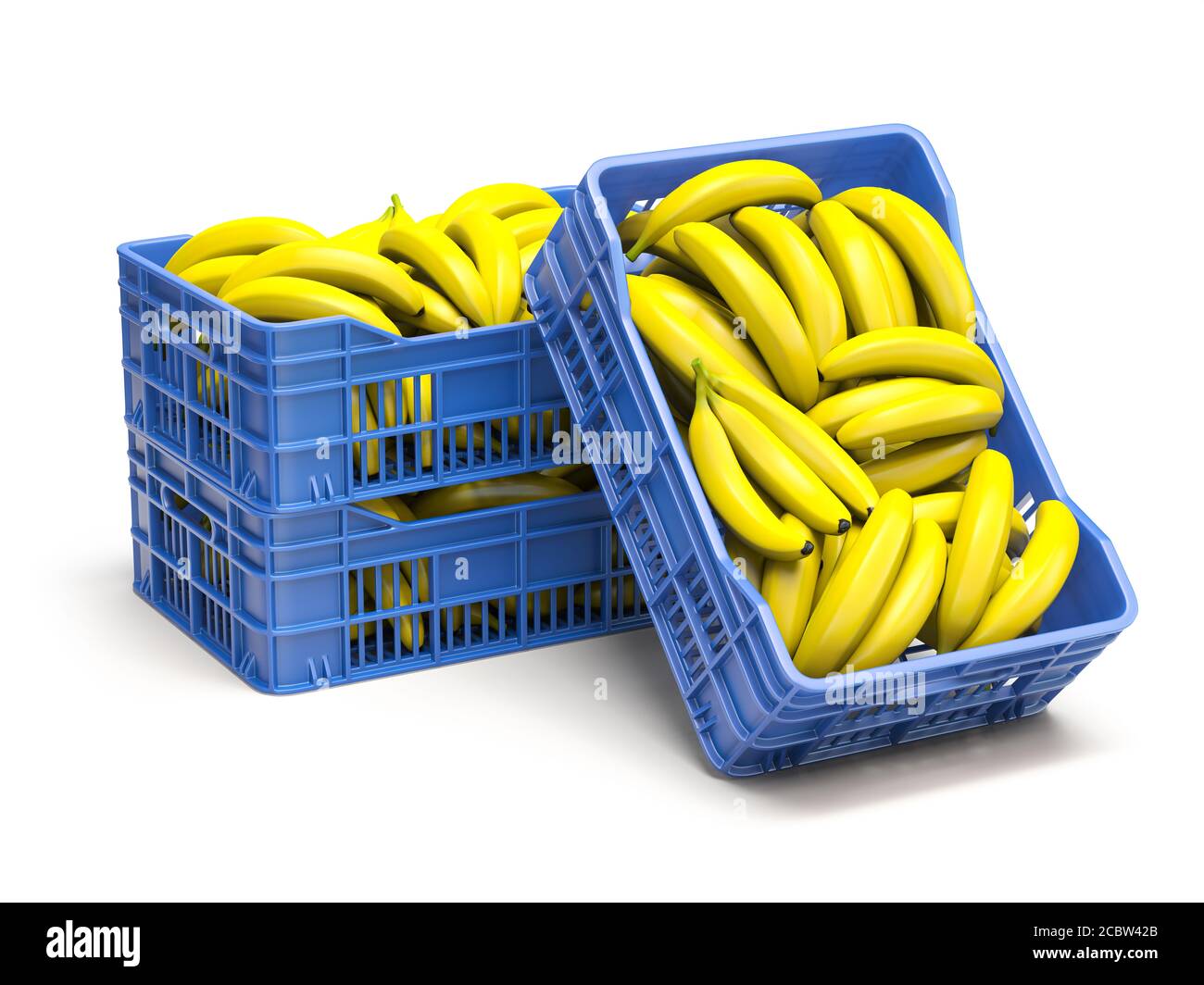 Banane in casse di plastica blu isolate su bianco. illustrazione 3d Foto Stock