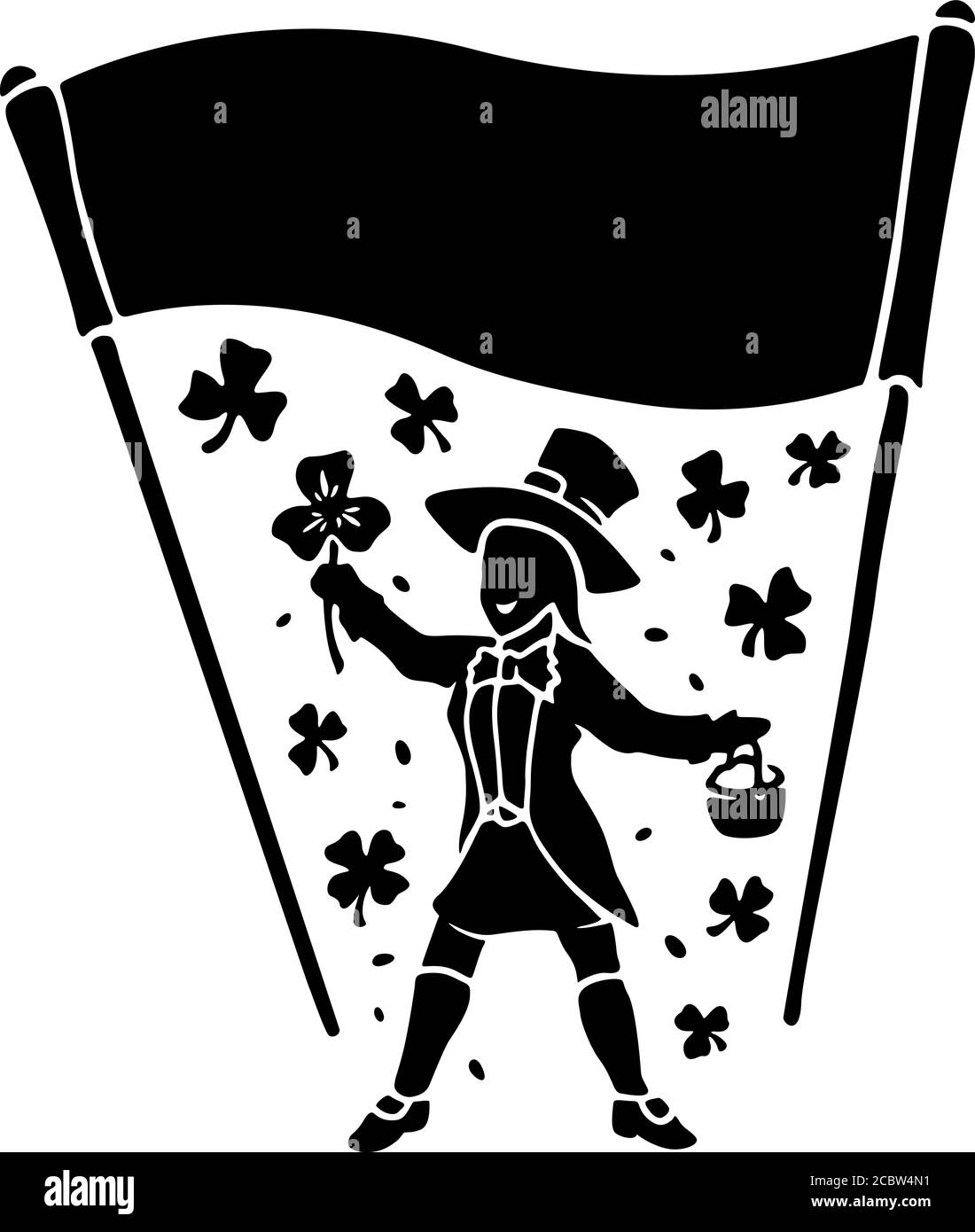 Bella illustrazione per la giornata di san Patrizio con sagome di leprechaun foglie di trifoglio e striscione su sfondo bianco Illustrazione Vettoriale