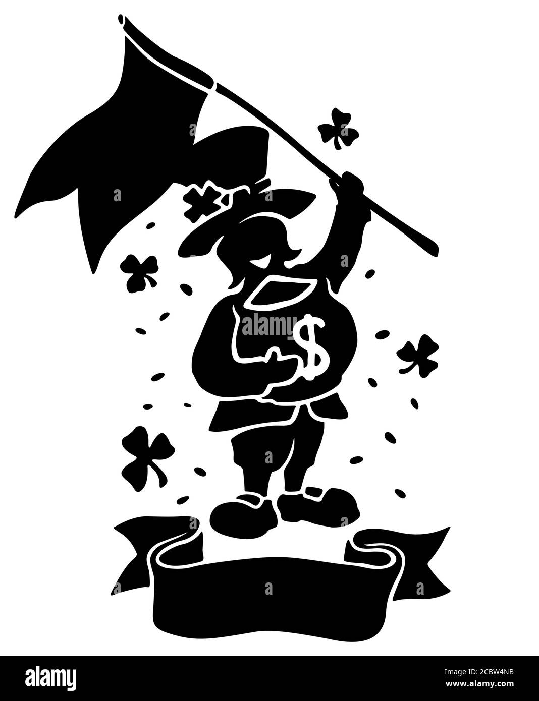 Bella st. Illustrazione del giorno di Patricks con silhouette nera di leprechaun ed etichetta su sfondo bianco Illustrazione Vettoriale