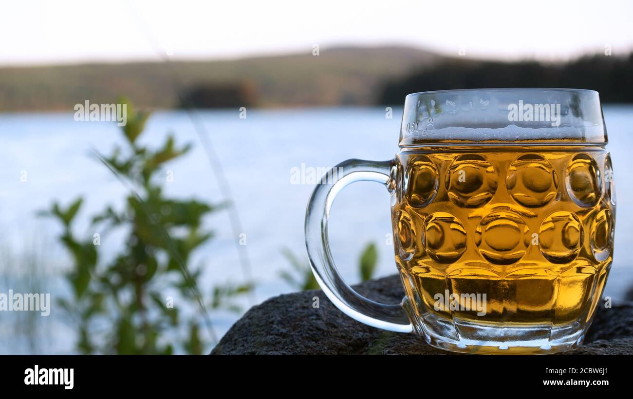 Il sole di mezzanotte splende su una birra appena versata in un grande bicchiere di pinta. La foto è stata scattata a metà estate accanto al lago Siljan in Svezia. Foto Stock