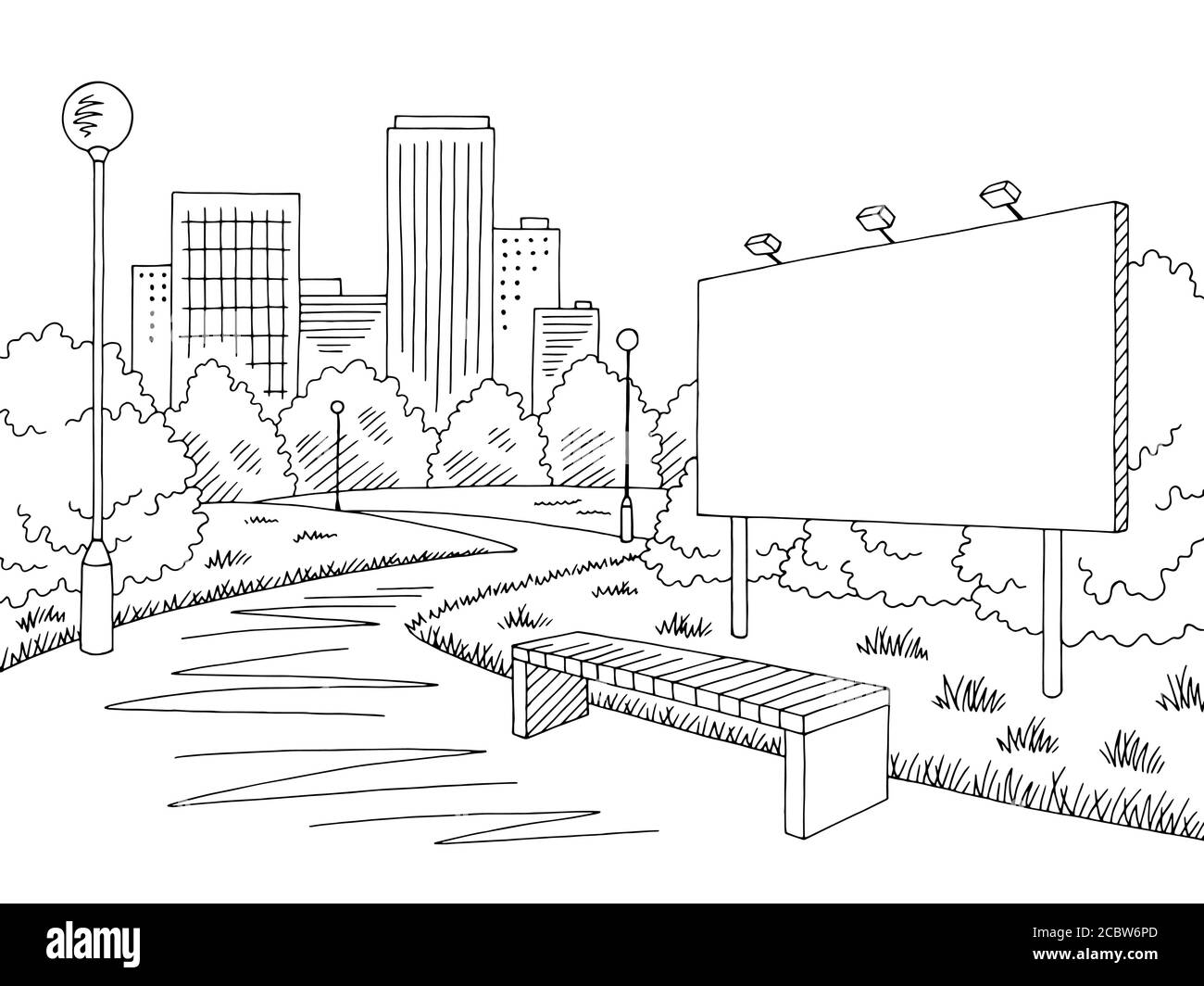 Cartellone grafico nero bianco città disegno paesaggio vettore illustrazione Illustrazione Vettoriale