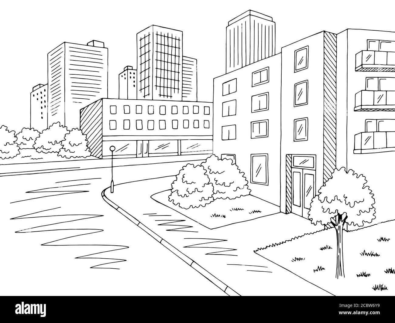 Quartiere residenziale strada grafica strada nero bianco crocevia paesaggio della città vettore di illustrazione dello schizzo Illustrazione Vettoriale
