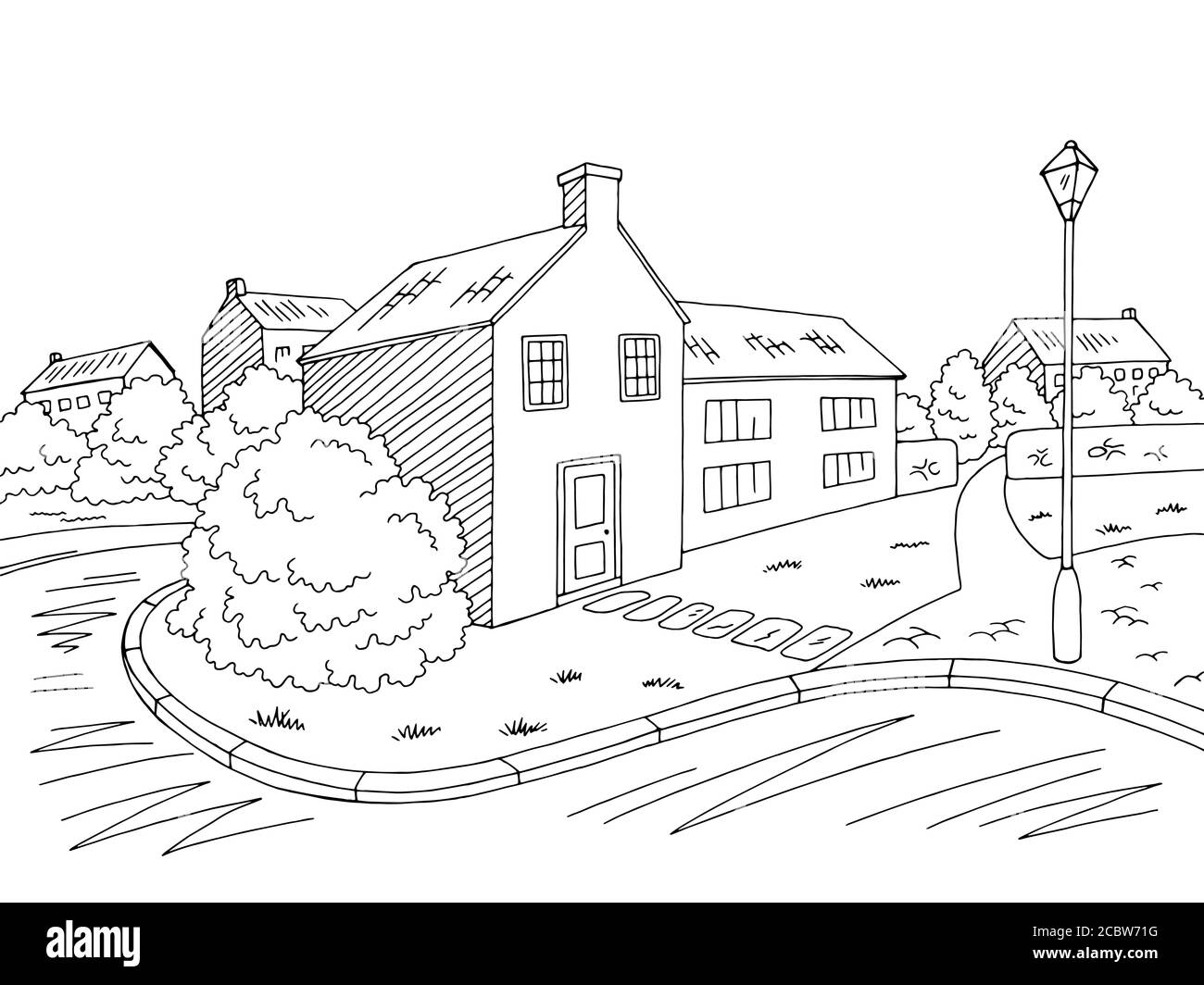 Immagine di una vecchia strada grafica di una città bianca nera disegno di un paesaggio vettore Illustrazione Vettoriale