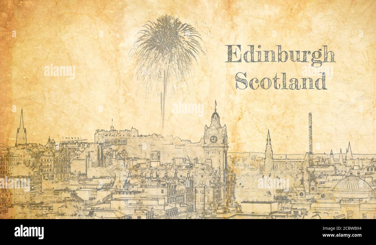 Fuochi d'artificio sul Castello di Edimburgo, Scozia, schizzo su carta vecchia Foto Stock