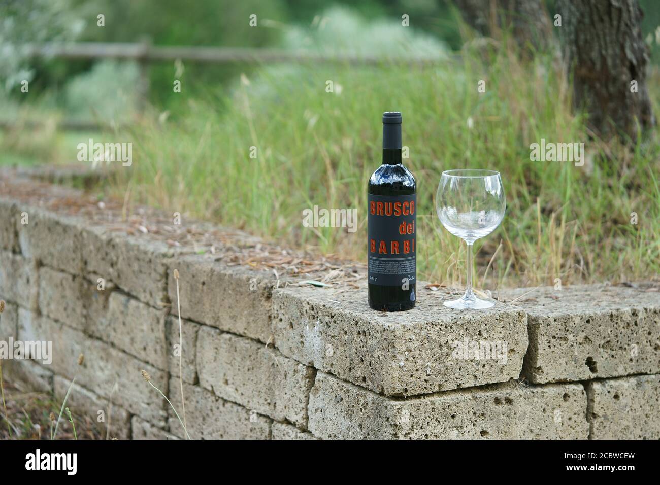 Brusco dei Barbi, vino toscano, Montalcino, bottiglia di vino rosso e bicchiere Foto Stock