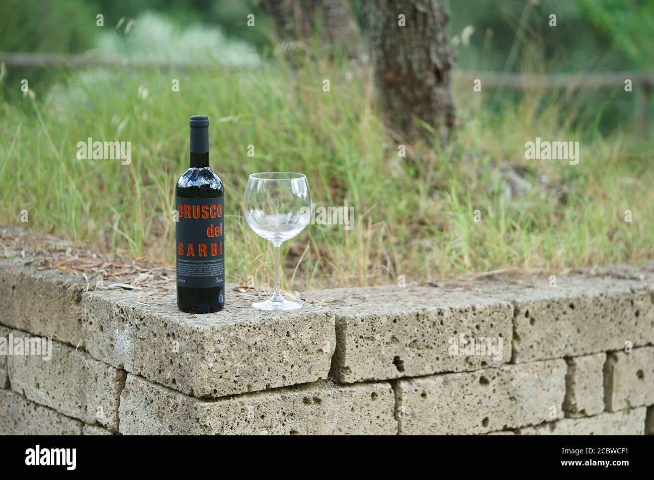 Brusco dei Barbi, vino toscano, Montalcino, bottiglia di vino rosso e bicchiere Foto Stock
