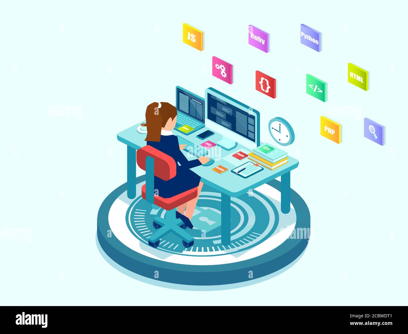 Vettore isometrico di un programmatore femmina software engineer codifica su desktop Illustrazione Vettoriale