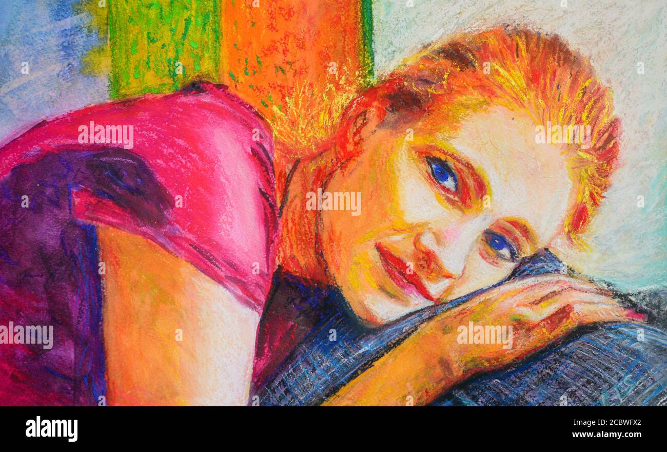 I sogni colorati. Disegno pastello su carta Ritratto di una ragazza dai  capelli rossi in rosa. Pastello asciutto su carta Foto stock - Alamy
