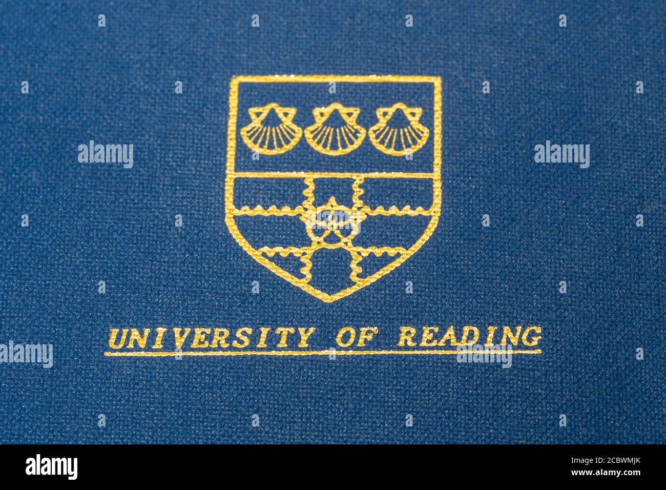 Tesi di dottorato, hardbound, blu, closeup della cresta dell'Università di Reading, Regno Unito Foto Stock