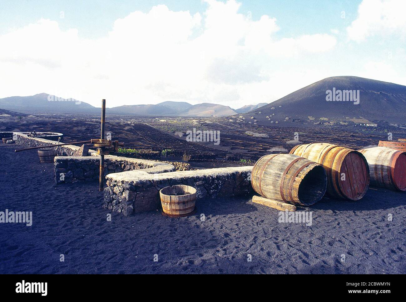 Cantina e paesaggio. La Geria, Lanzarote, Isole Canarie, Spagna. Foto Stock