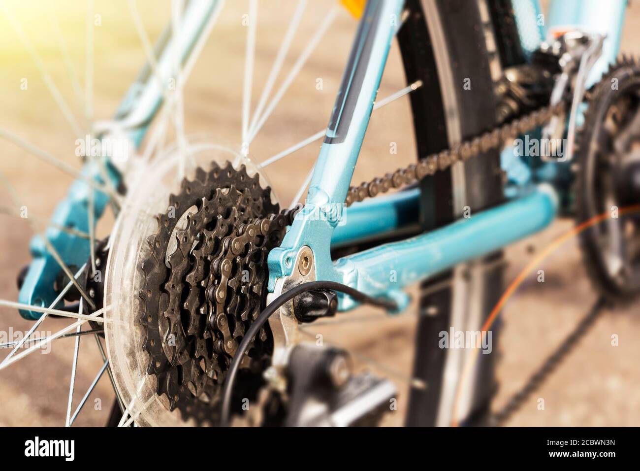 Primo piano di un meccanismo di ingranaggi di bicicletta e di una catena sulla ruota posteriore di mountain bike. Foto Stock