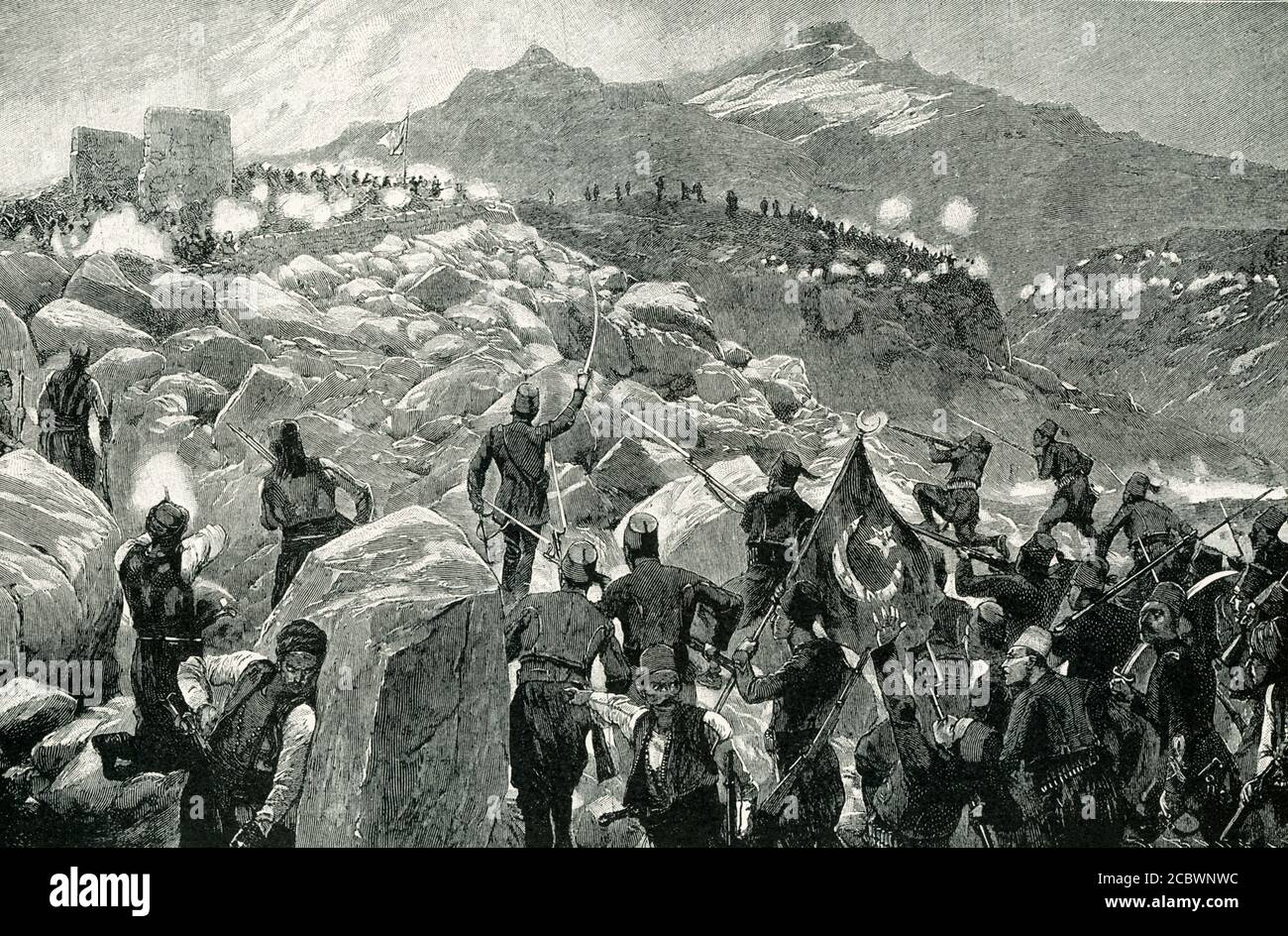 Il titolo dei primi anni del 1900 recita: Le truppe turche attaccano gli insorti cretesi. Durante l'insurrezione cretese del 1896, i cristiani di Creta furono obbligati a ritirarsi sulle montagne per sfuggire al massacro delle truppe turche. Quando, tuttavia, furono perseguiti nei loro rifugi selvaggi, essi sconfissero ripetutamente le truppe. Un'occhiata all'immagine ti mostrerà quanto sia stato impossibile per i turchi guidare uomini risoluti da queste pittoresche fortezze, tra roccia e scogliera. Foto Stock