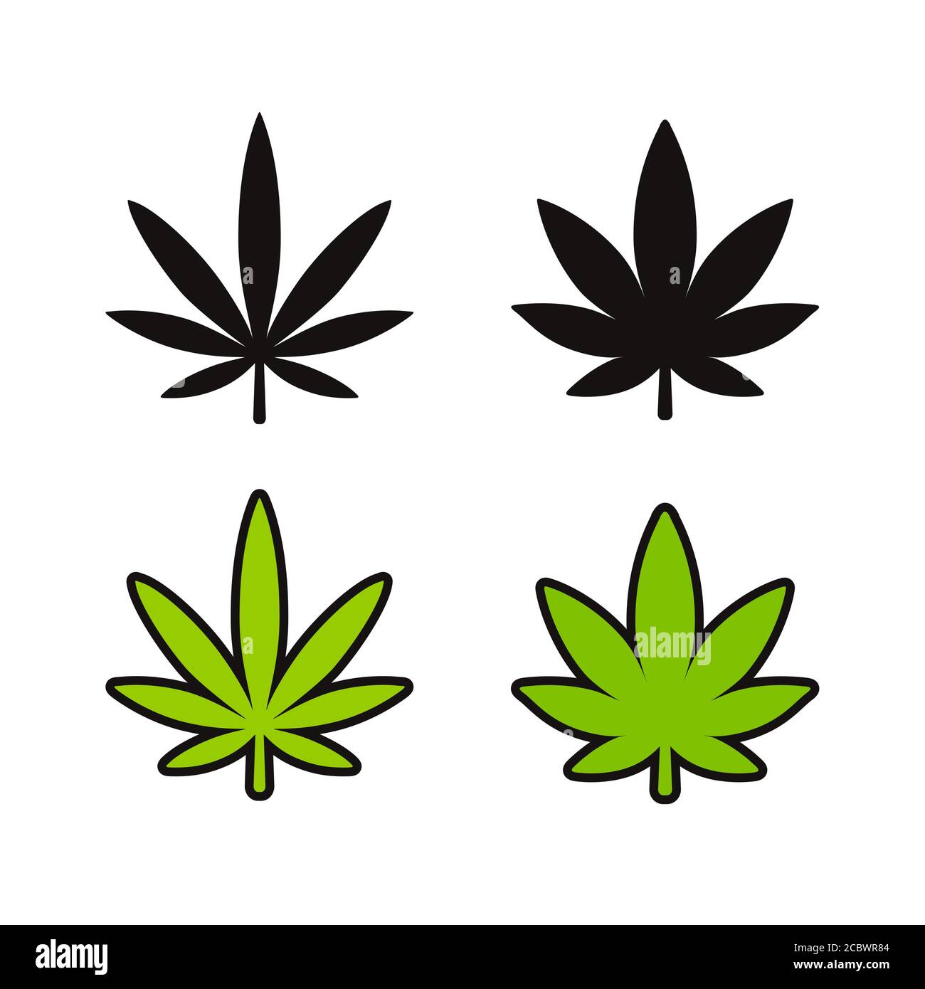 Set di icone foglia di cannabis. Due varietà di marijuana, indica e Sativa. Silhouette in bianco e nero e icone di cartoni animati verdi. Clip vettoriale simbolo semplice Illustrazione Vettoriale