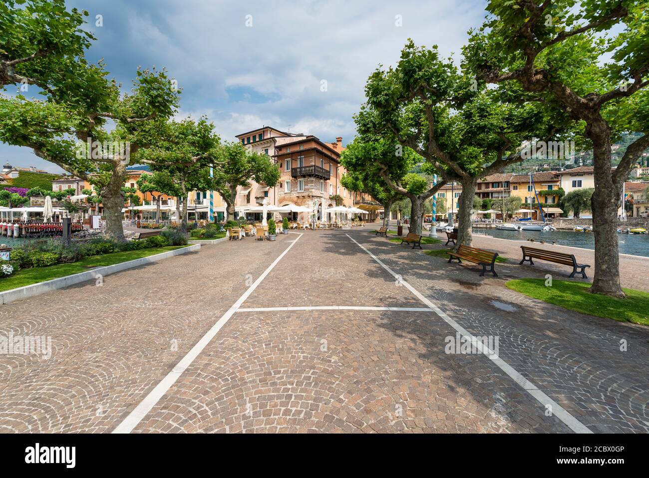 Lungomare con platani nel porto di Torri del Benaco sul Lago di Garda, Veneto, Italia Foto Stock