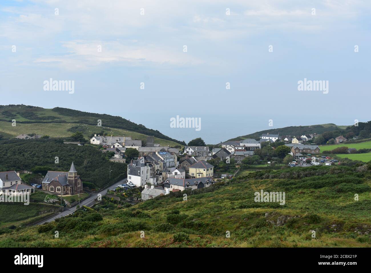 Estate 2020. Vista del Mortehoe Village, North Devon, Inghilterra Foto Stock