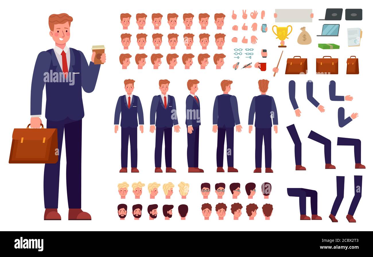 3rfsdf345wefCartoon kit di caratteri per uomo d'affari. Impiegato di ufficio maschile in tuta con valigia e parti del corpo, espressioni del volto per set di vettori di animazione Illustrazione Vettoriale
