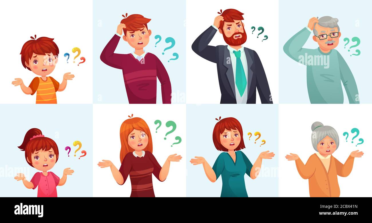 Le persone pongono domande, dubbi o confusi. Uomo e donna, bambini che pensano o esitano con punti interrogativi Illustrazione Vettoriale