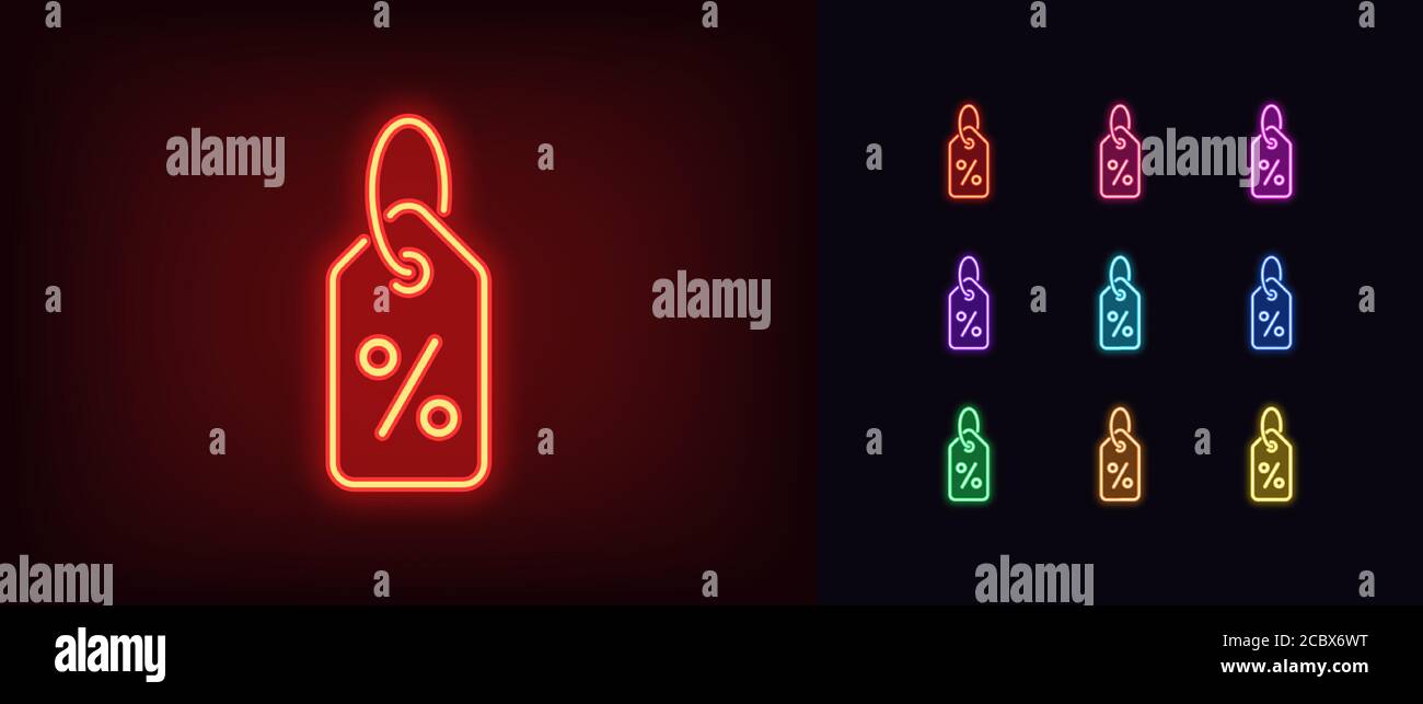 Icona sconto neon. Etichetta sconto al neon brillante con segno di percentuale, vendita del prodotto in colori vivaci. Etichetta di prezzo basso, offerta speciale, annuncio di vendita. Icona Illustrazione Vettoriale