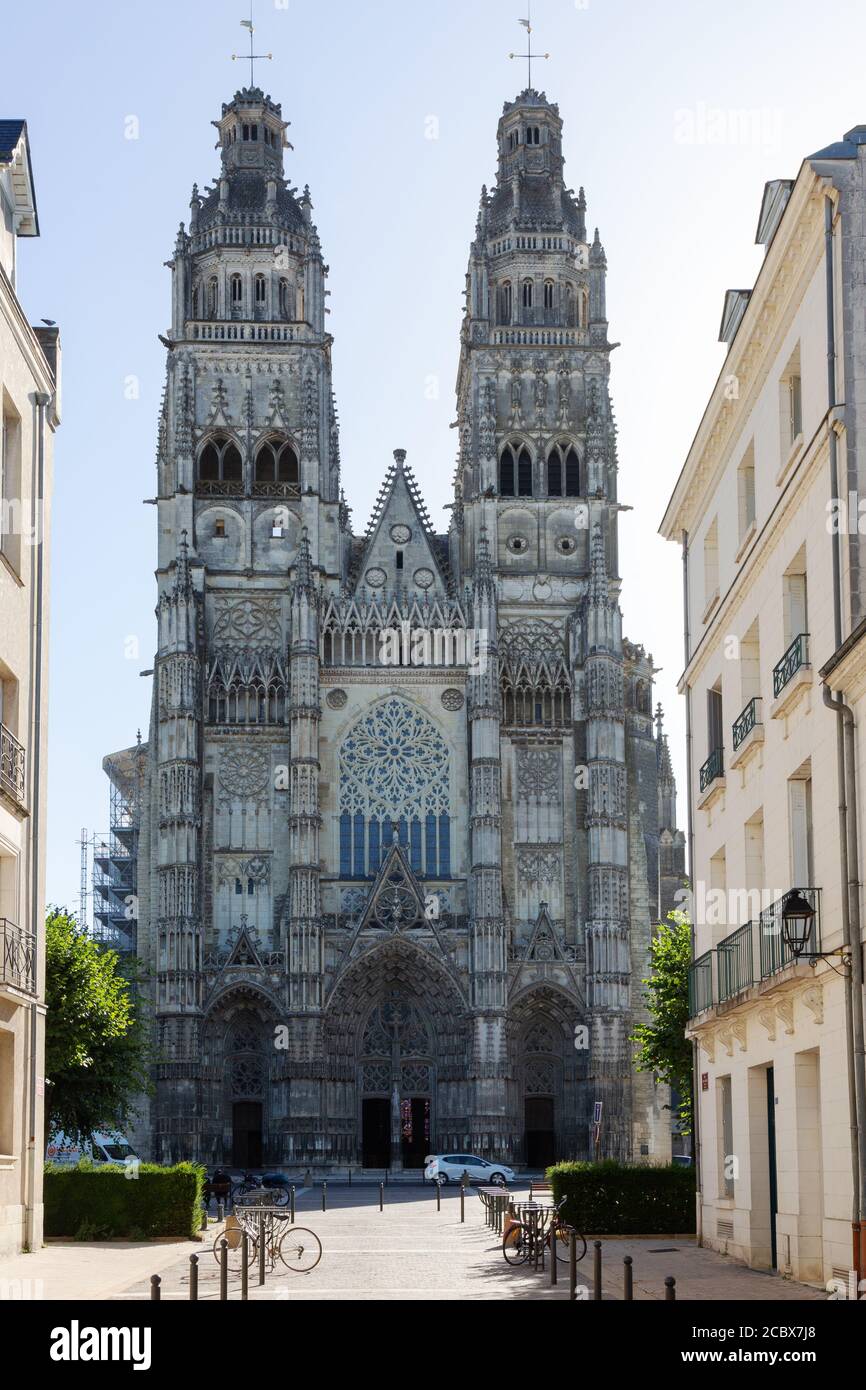 Tours Cattedrale, Tours Francia; o Cattedrale Saint Gatien, ha una facciata 12 ° secolo con architettura gotica, Tours, Valle della Loira Francia Europa Foto Stock