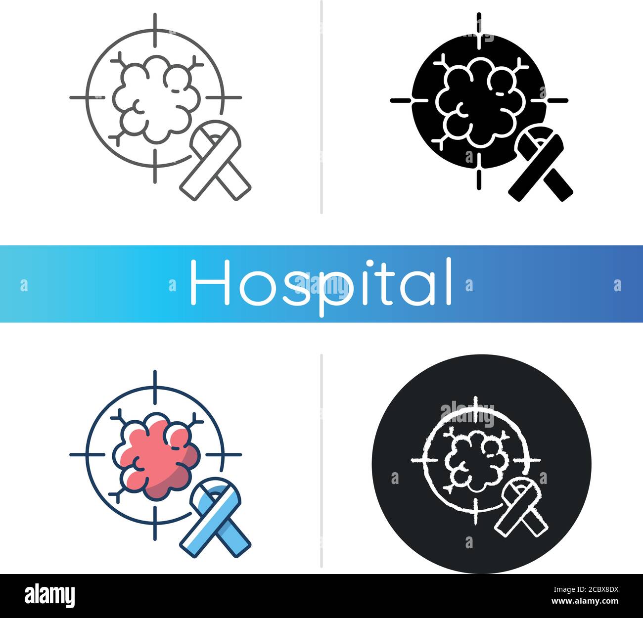 Icona del reparto Oncology. Centro di trattamento del cancro. Cancro radiologico. Radioterapia e oncologo. Radioterapia. Stili di colore nero lineare e RGB Illustrazione Vettoriale