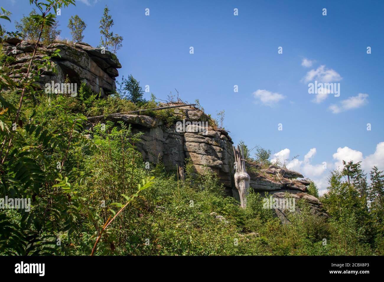 Formazioni di pietra nella Boemia del Sud, escursioni vicino Hojna Voda alla montagna Vysoka, Repubblica Ceca Foto Stock