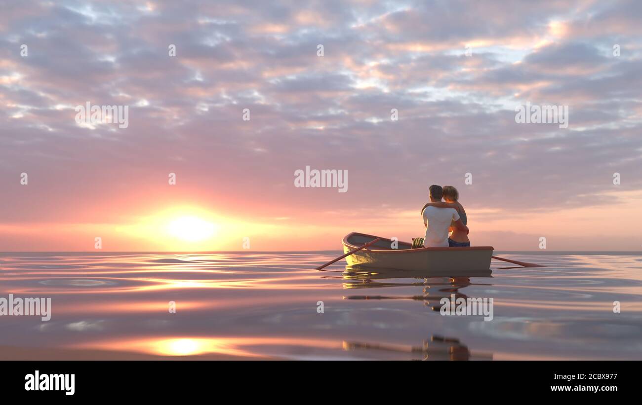 coppia innamorata su una barca in mare Foto Stock