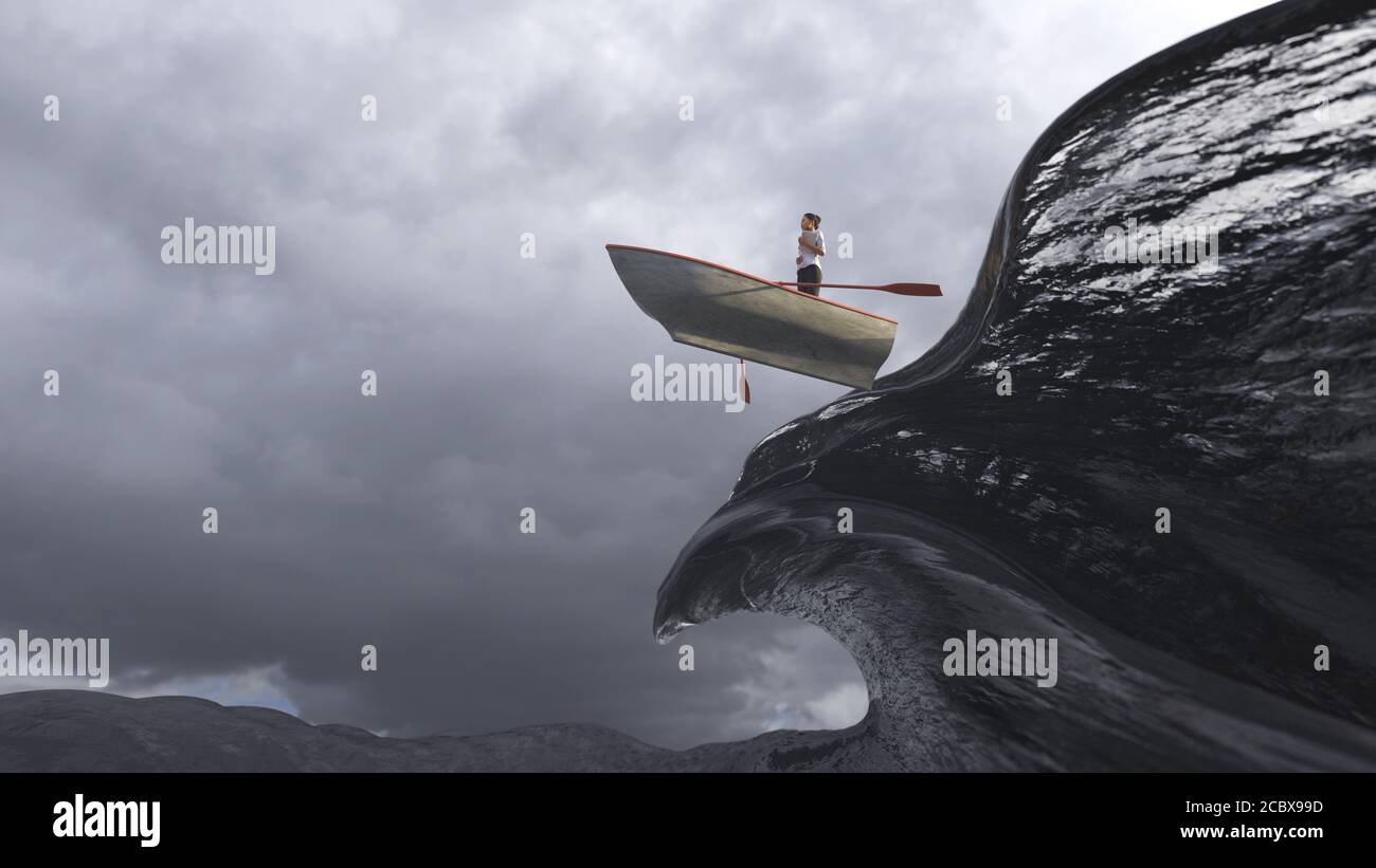 una donna d'affari coraggiosa vola attraverso le onde su una barca Foto Stock