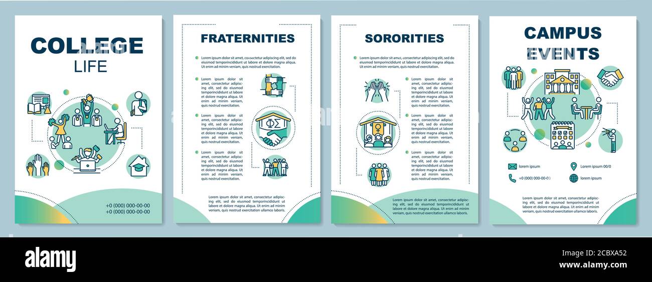 Modello di brochure sulla vita del college. Fraternità e sortite. Volantino, opuscolo, stampa di opuscoli, copertina con icone lineari. Layout vettoriali per la magazina Illustrazione Vettoriale