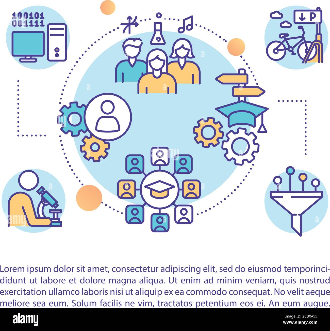 Scegliere l'icona principale con testo. Insegnamento della disciplina degli studenti universitari. Modello di vettore di pagina PPT scienza e arti liberali. Brochure, rivista, libreria Illustrazione Vettoriale