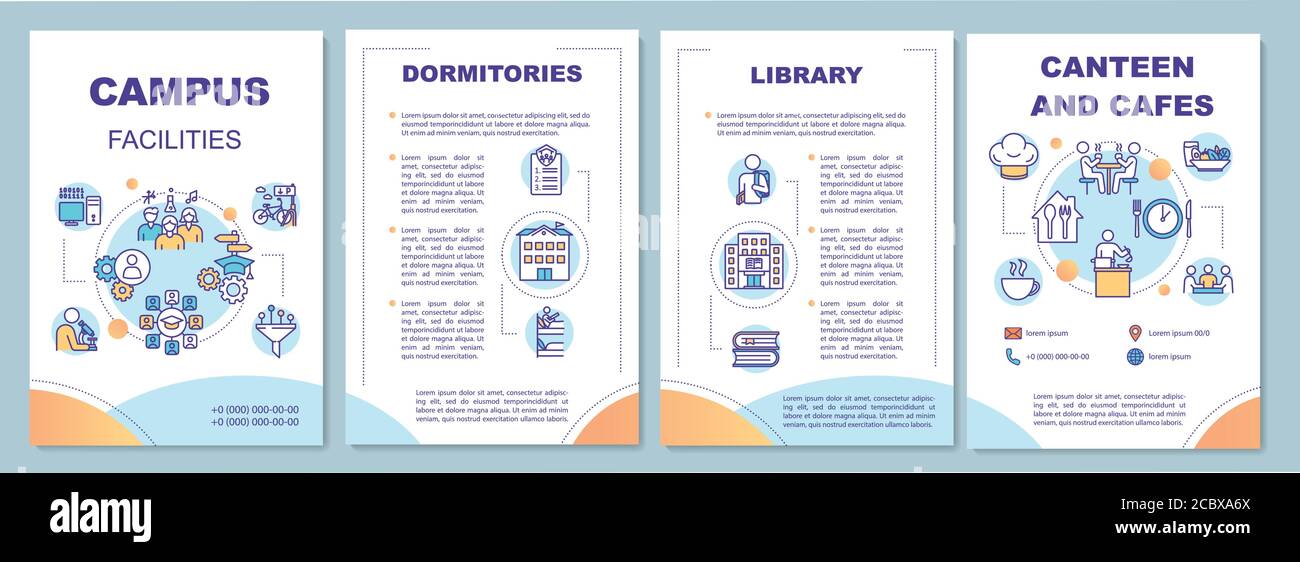 Modello di brochure delle strutture del campus. Infrastrutture universitarie. Volantino, opuscolo, stampa di opuscoli, copertina con icone lineari. Layout vettoriali per maga Illustrazione Vettoriale
