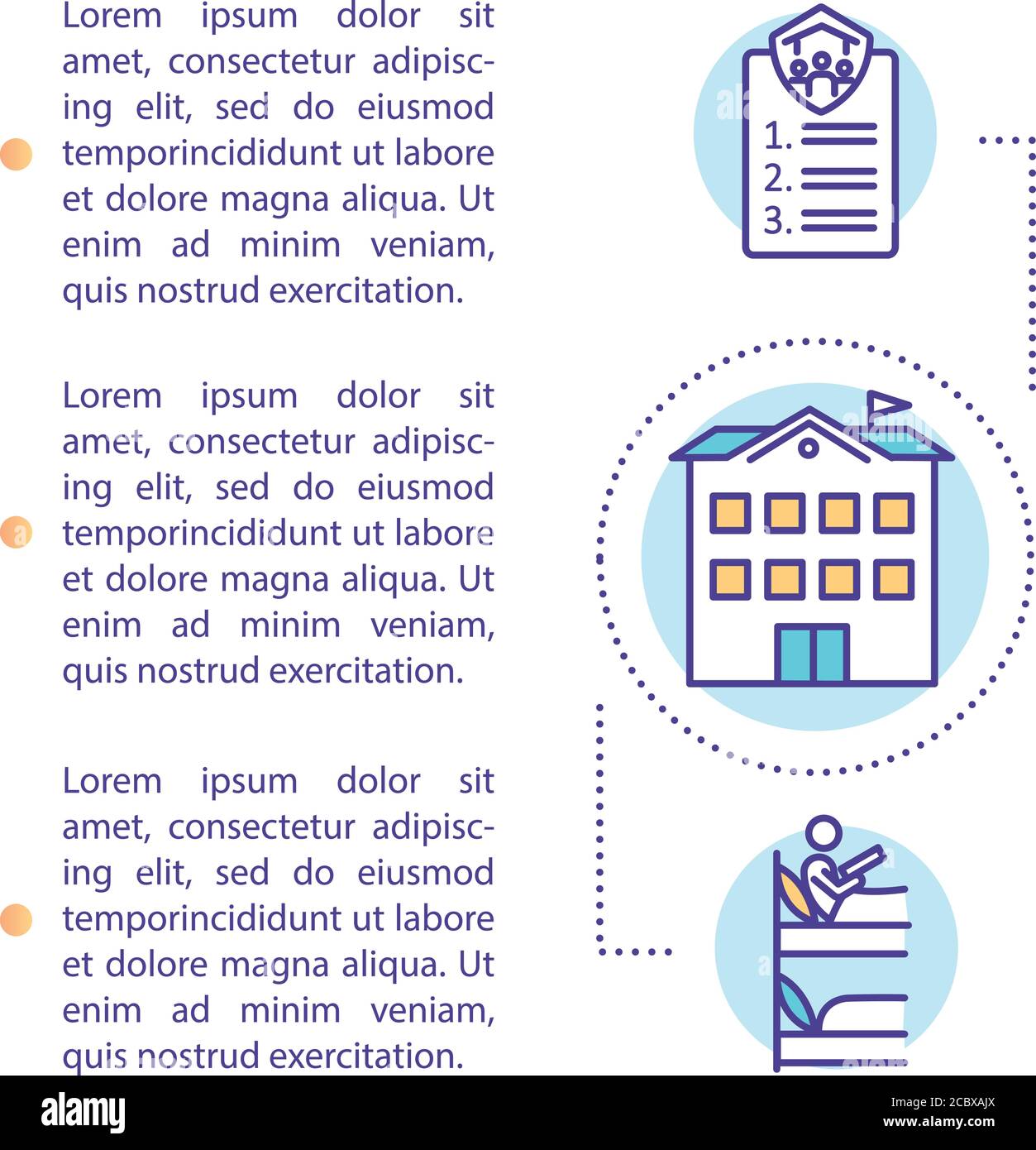 Icona concetto Dormitorio con testo. Servizio di alloggio per freshman. Affitto di stanza per il modello vettoriale di pagina di PPT dell'allievo dell'università. Brochure, rivista, opuscolo Illustrazione Vettoriale