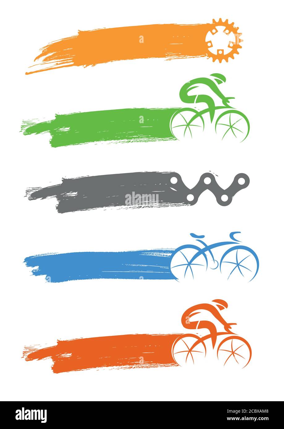 Icone dei ciclisti e dei componenti del ciclo con tratto di pennello. Immagine delle icone ciclabili con tratto di pennello espressivo come posizione per il testo. Illustrazione Vettoriale